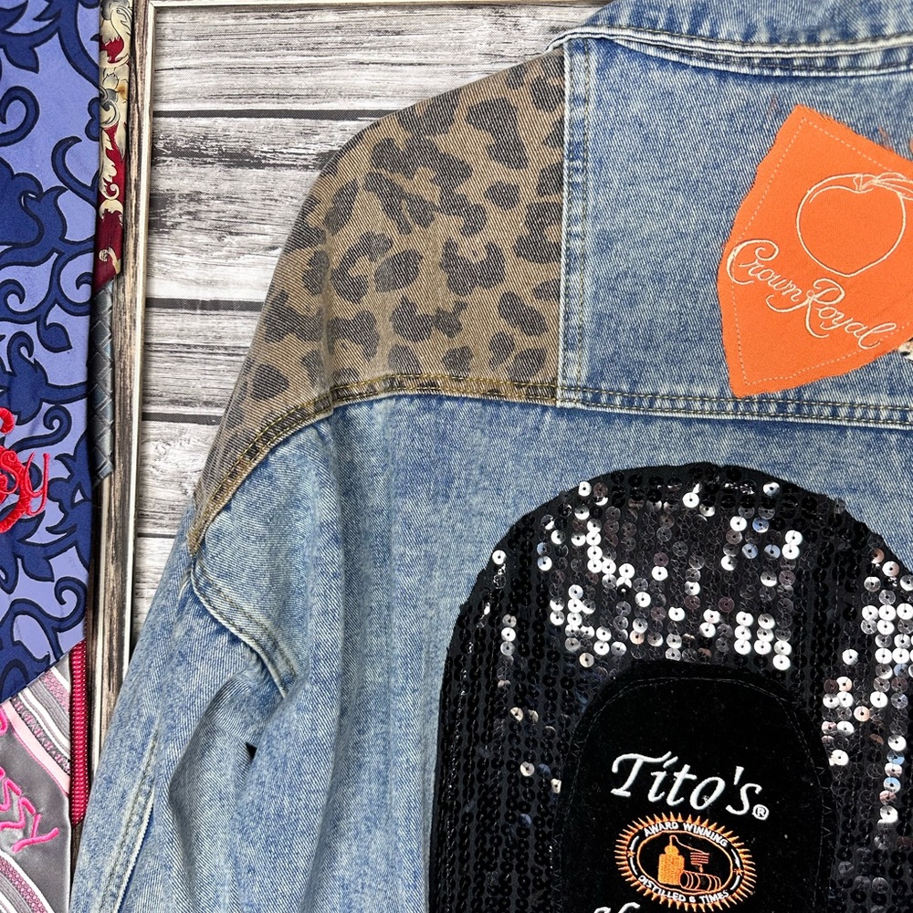 Recycled UpCycled Vintage NWOT Tito’s Crown Royal Denim Jean Jacket Gypsy Hippie - Picture 5 of 7